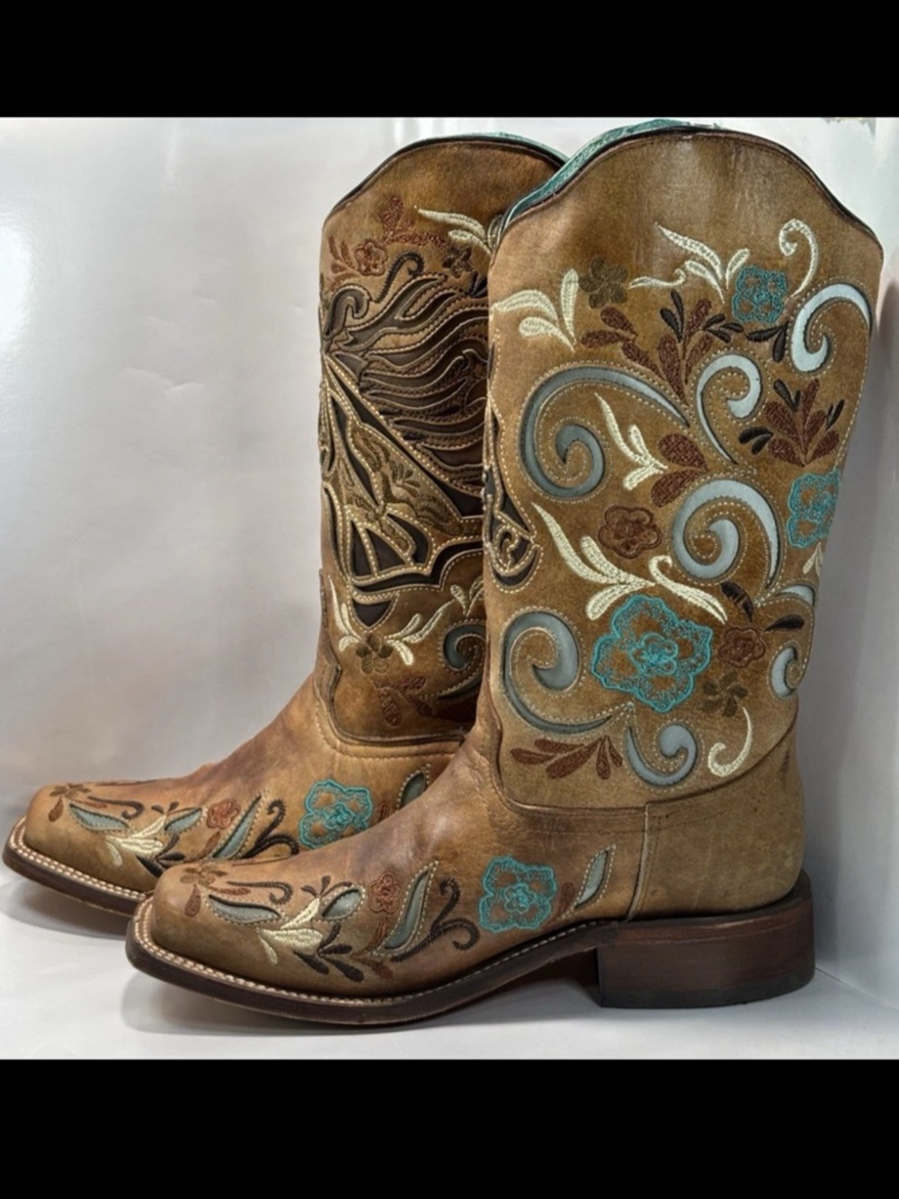 Corral Women's 7.5 Boots Floral Inlay Embroidered Square Toe Cowboy Brown